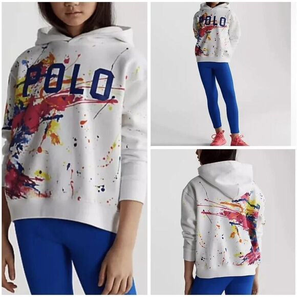 POLO RALPH LAUREN Hoodie Girls Medium White Paint Splatter Print Fleece Pullover - Picture 1 of 12